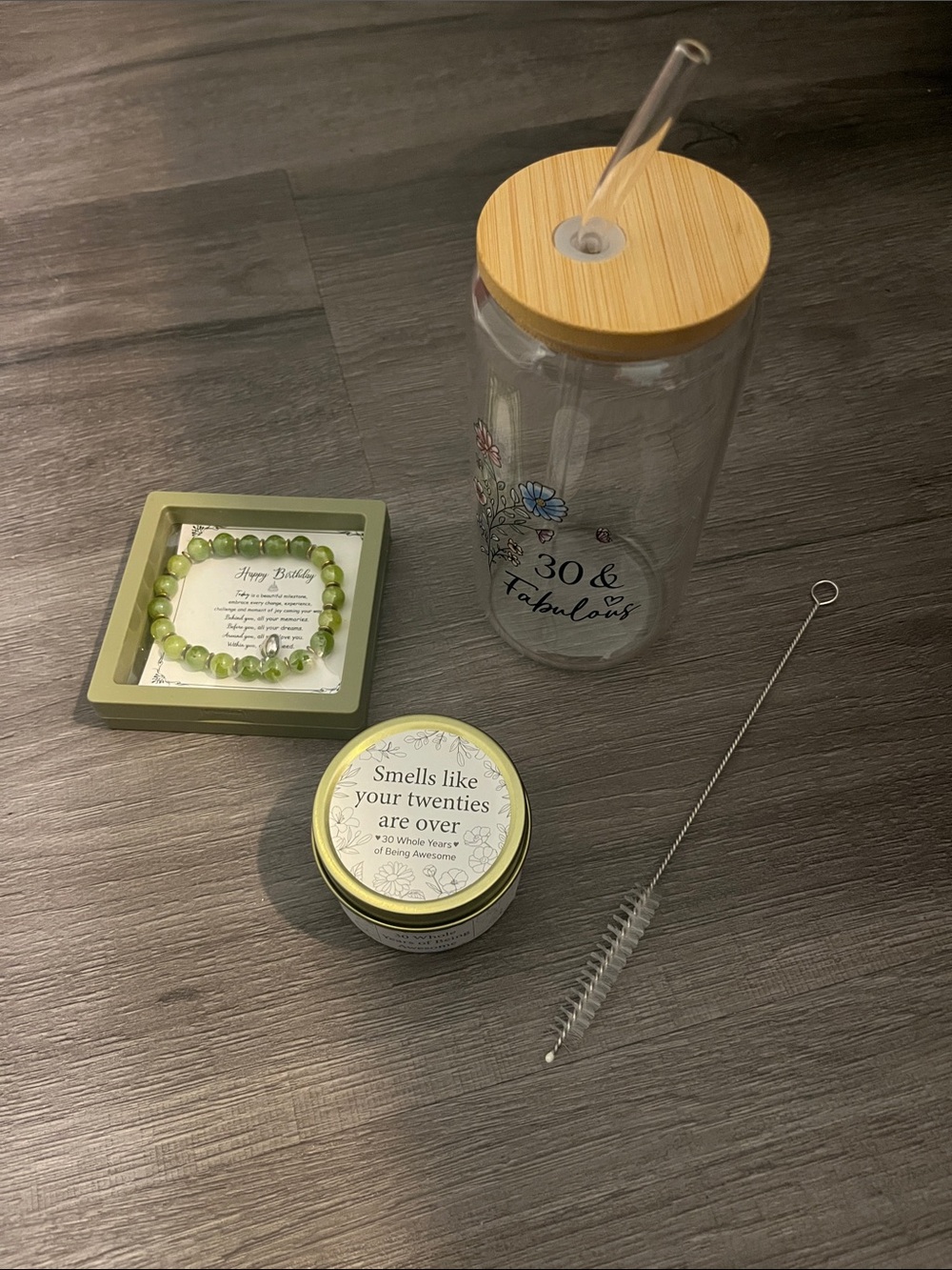 30th Birthday Bundle: Glass Tumbler w/Straw, Vanilla Scented Candle, Bracelet